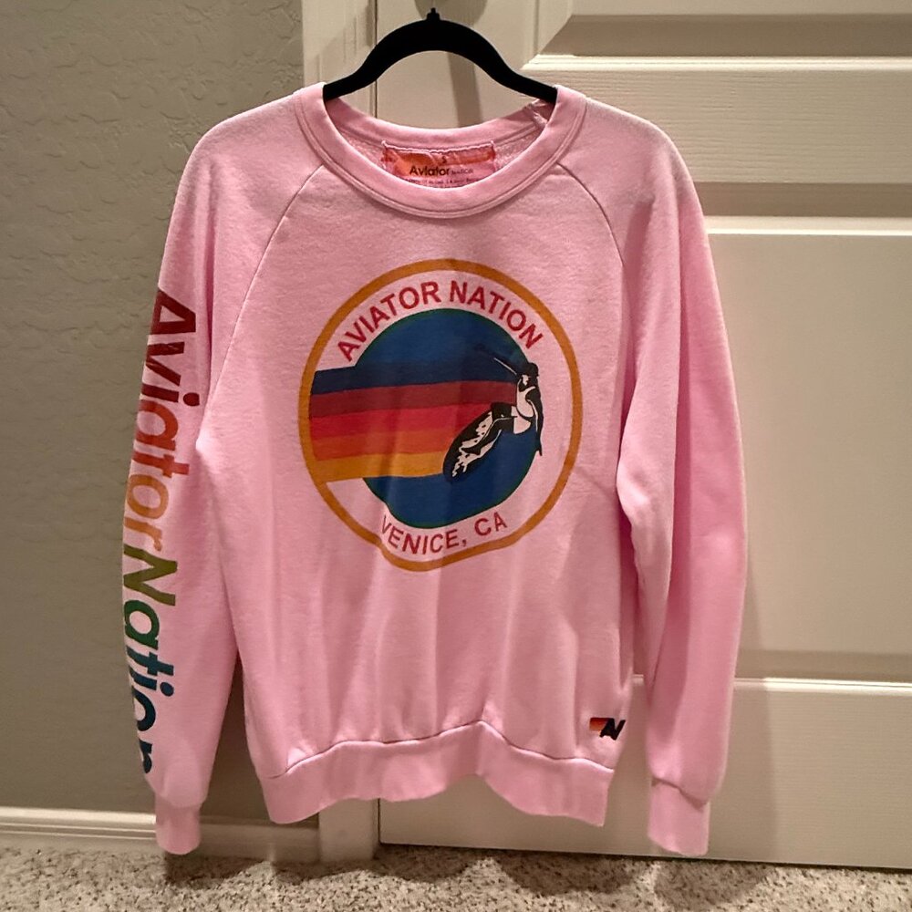 Aviator Nation Pink Rainbow Logo Pullover Sweatshirt